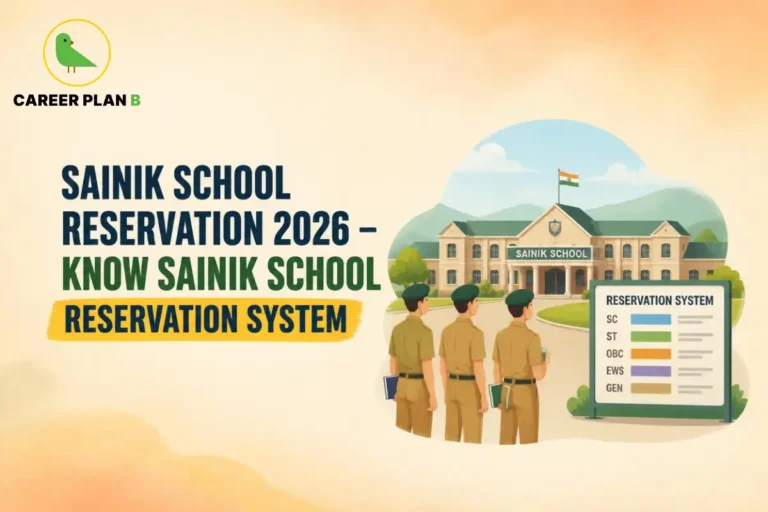 Three students stand beside the Sainik School reservation system board, with the Career Plan B logo visible.
