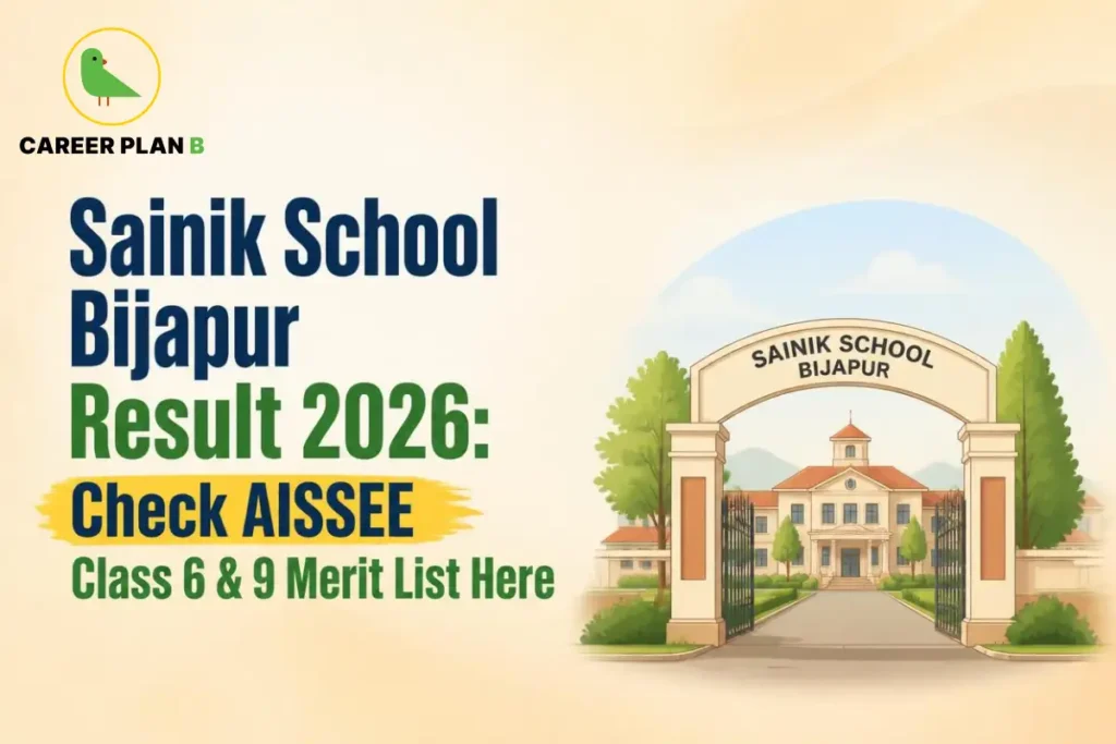 Illustration of Sainik School Bijapur entrance with Career Plan B logo and AISSEE Class 6 and 9 result banner.