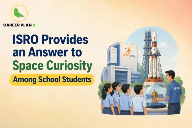 ISRO launch facility with rocket, students viewing space model, and Career Plan B logo promoting space education.