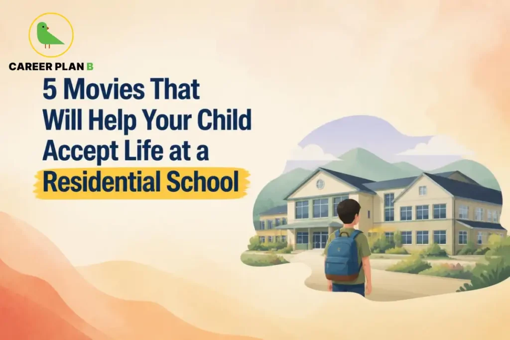 Child with backpack outside a residential school building, featuring Career Plan B logo and residential school guidance.