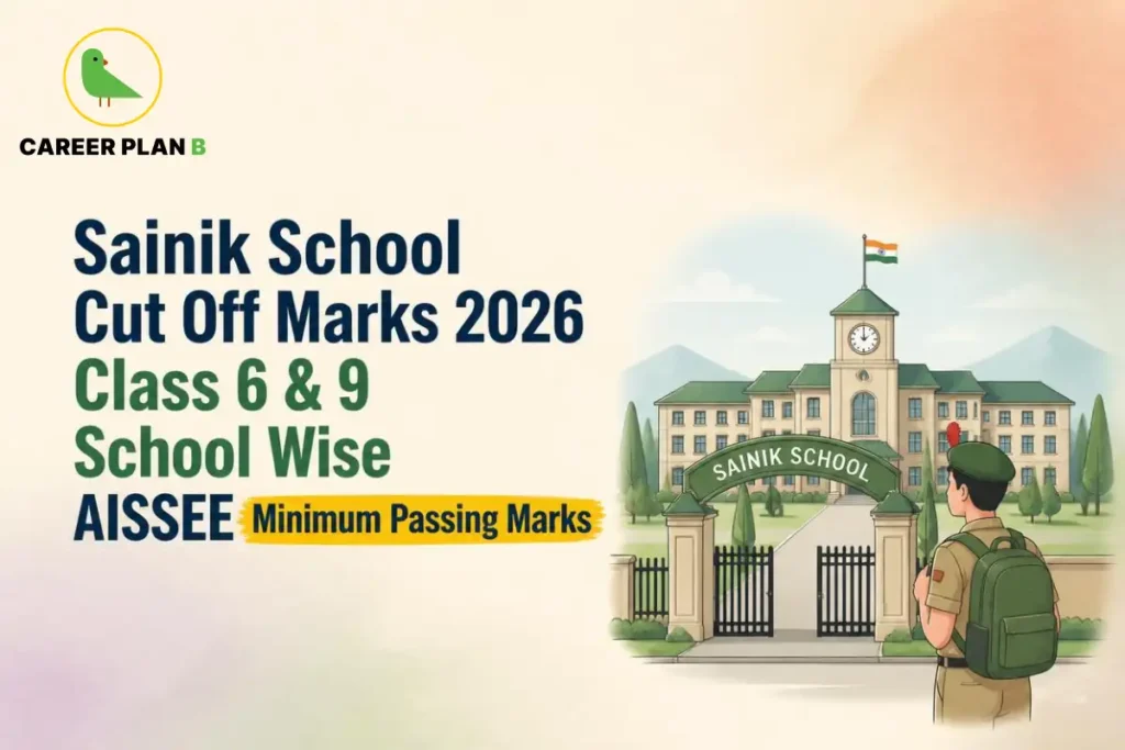 Student outside Sainik School campus with AISSEE Class 6 and 9 cut off marks 2026 and Career Plan B logo.
