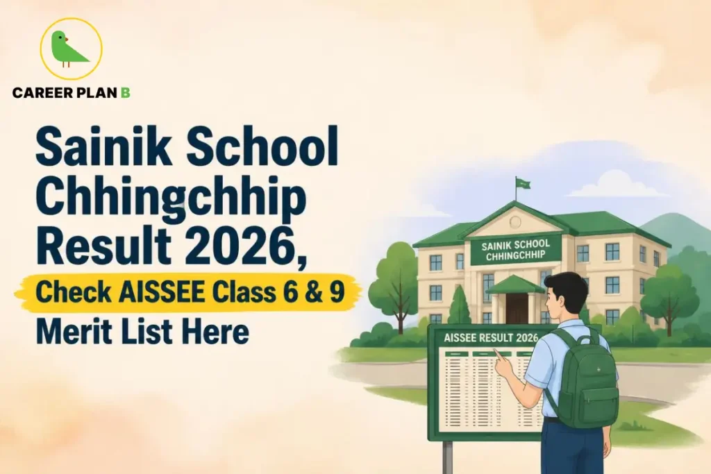 Student viewing AISSEE Class 6 and 9 merit list outside Sainik School Chhingchhip with Career Plan B logo.