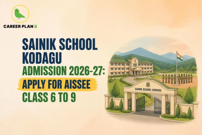 Sainik School Kodagu campus with AISSEE Class 6 to 9 admission 2026 and Career Plan B logo.