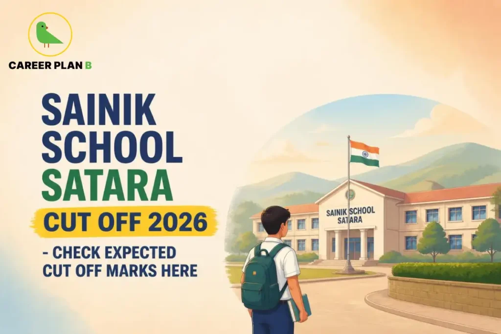 Student outside Sainik School Satara campus with AISSEE 2026 expected cut off marks and Career Plan B logo.