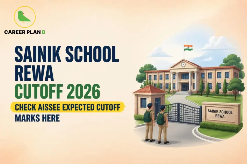 Illustration of Sainik School Rewa entrance with Career Plan B logo and AISSEE expected cutoff banner.