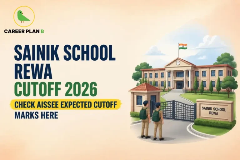 Illustration of Sainik School Rewa entrance with Career Plan B logo and AISSEE expected cutoff banner.