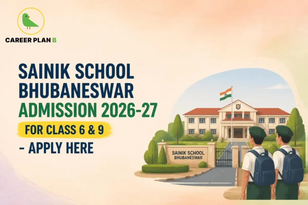 Illustration of Sainik School Bhubaneswar campus with Career Plan B logo and AISSEE admission 2026–27 banner.