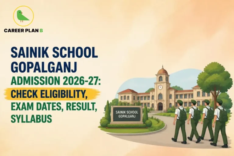 Illustration of Sainik School Bhubaneswar campus with Career Plan B logo and AISSEE admission 2026–27 banner.