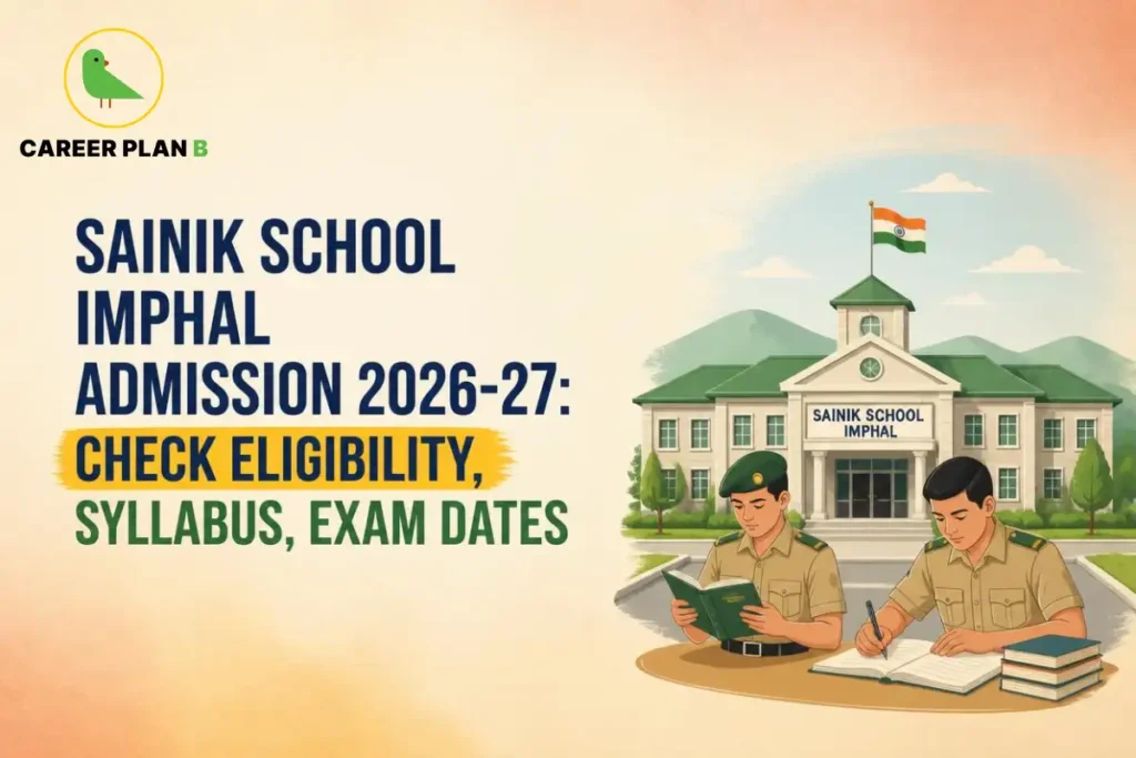 Illustration of Sainik School Imphal campus with Career Plan B logo and AISSEE admission 2026–27 information banner.