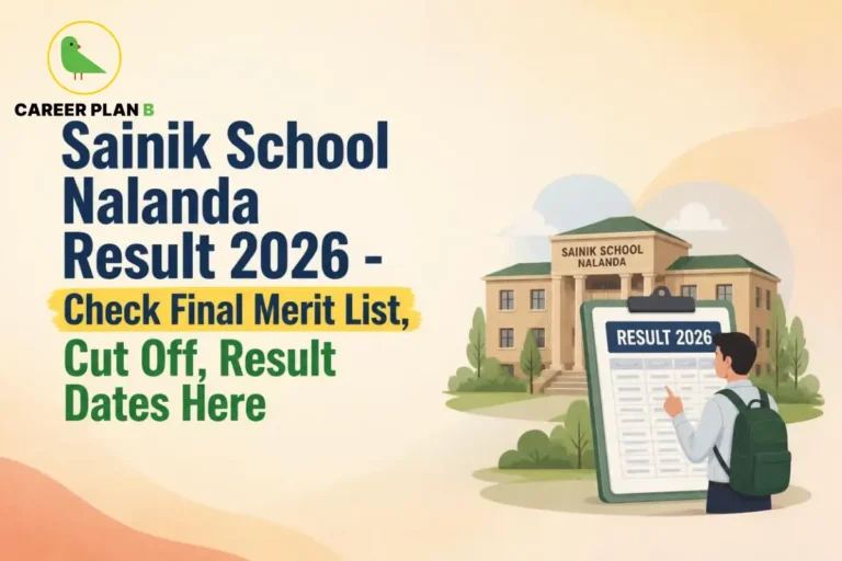 Illustration of Sainik School Nalanda Result 2026 with Career Plan B logo and campus building.