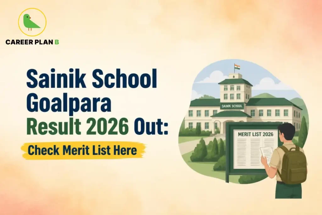 Illustration of Sainik School Goalpara merit list board with Career Plan B logo and campus building.