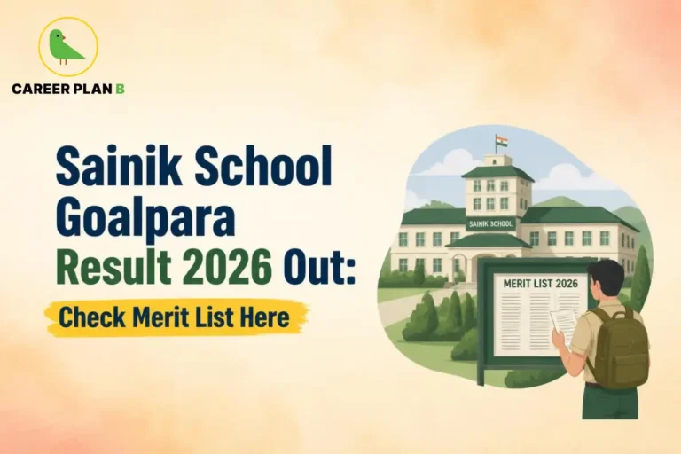 Illustration of Sainik School Goalpara merit list board with Career Plan B logo and campus building.