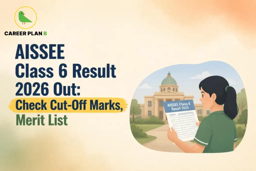 Illustration of AISSEE Class 6 Result 2026 merit list with Career Plan B logo and school building.