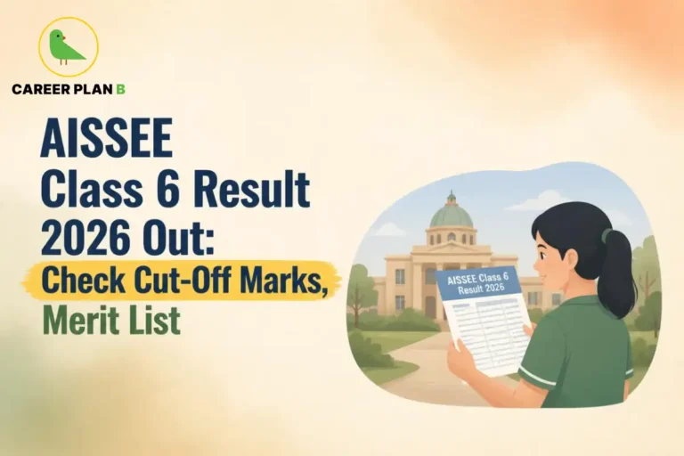 Illustration of AISSEE Class 6 Result 2026 merit list with Career Plan B logo and school building.
