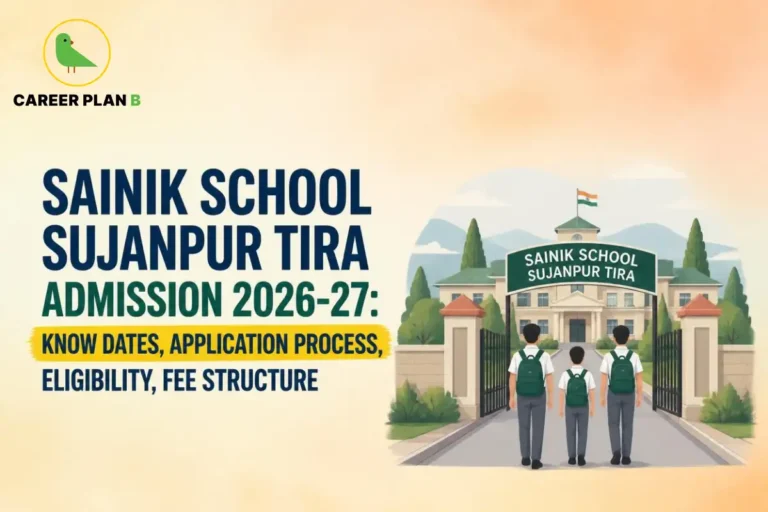 Illustration of Sainik School Sujanpur Tira campus with Career Plan B logo and admission information banner.