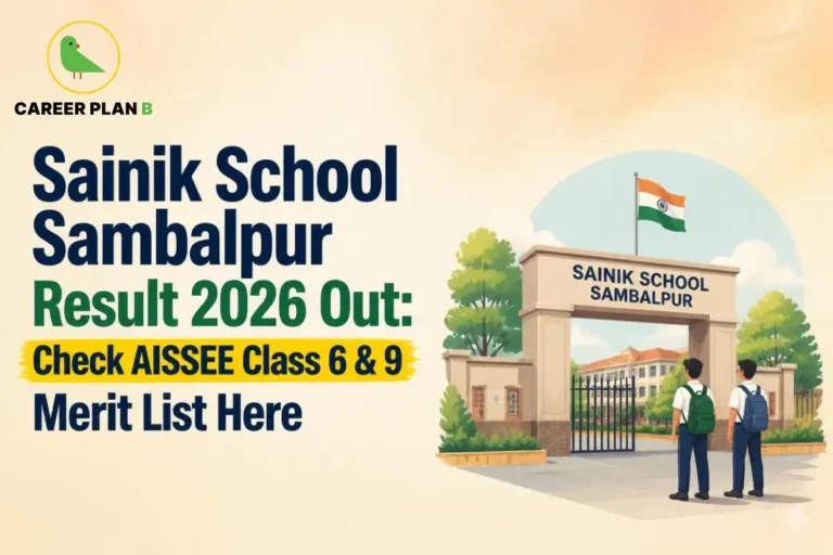 Illustration of Sainik School Sambalpur entrance with Career Plan B logo and AISSEE Class 6 and 9 result banner.