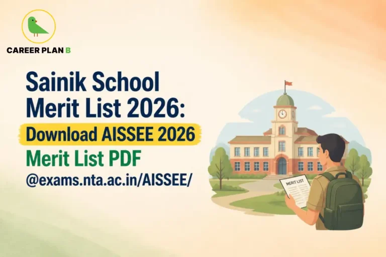 Illustration of AISSEE 2026 merit list with Career Plan B logo, school building, and downloadable PDF banner.