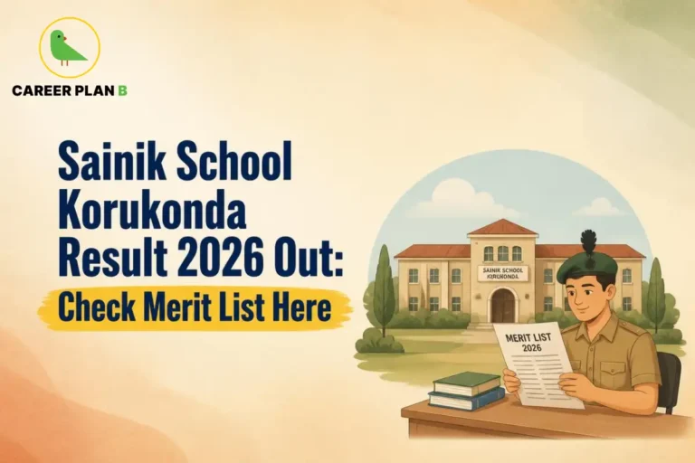 Illustration of Sainik School Korukonda merit list with Career Plan B logo and campus building.