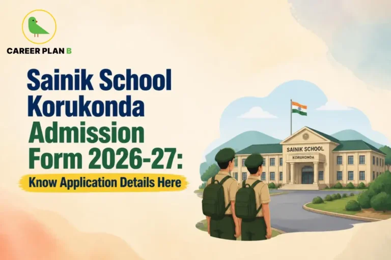 Illustration of Sainik School Korukonda campus with Career Plan B logo and admission form information banner.