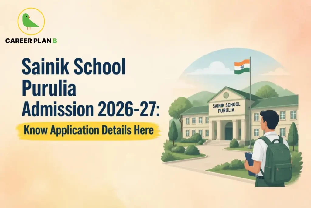 Illustration of Sainik School Purulia campus with Career Plan B logo and admission form information banner.