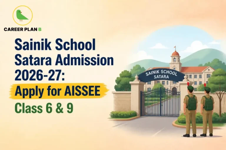 Illustration of Sainik School Satara entrance with Career Plan B logo and AISSEE Class 6 and 9 admission banner.