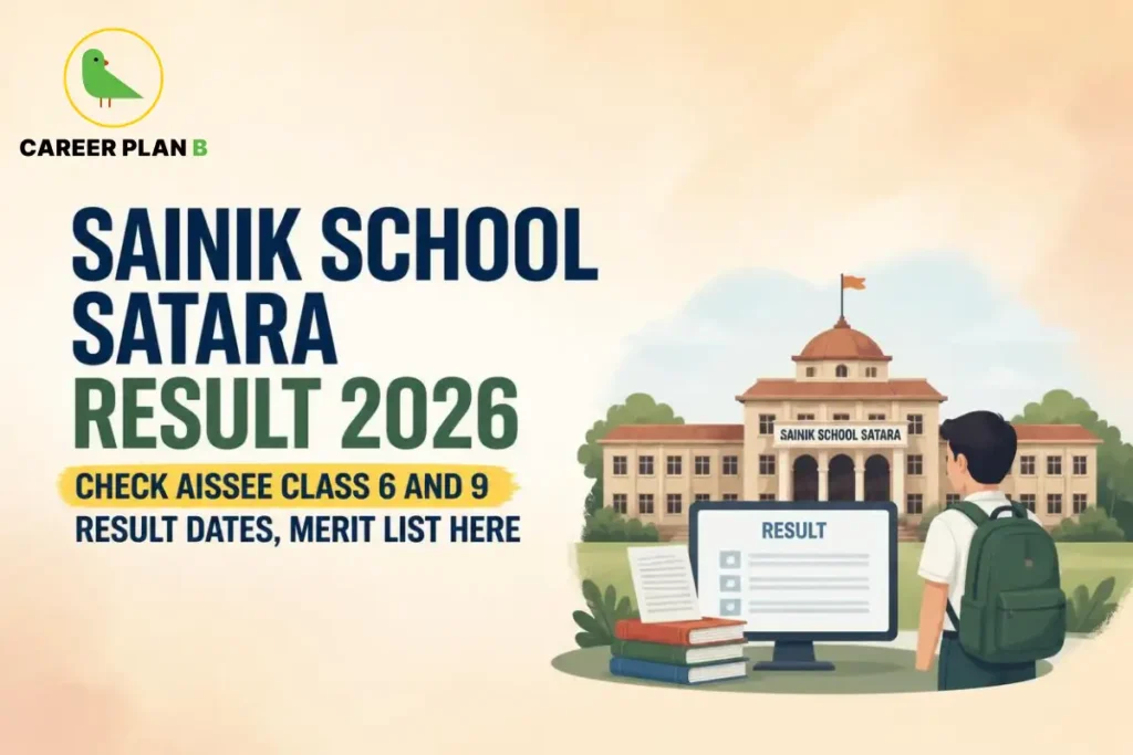 Illustration of Sainik School Satara campus with Career Plan B logo and AISSEE Class 6 and 9 result banner.