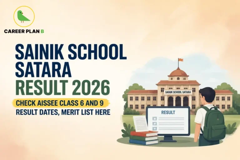 Illustration of Sainik School Satara campus with Career Plan B logo and AISSEE Class 6 and 9 result banner.
