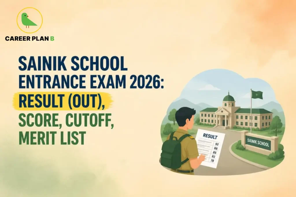 Illustration of Sainik School entrance exam results with Career Plan B logo, merit list, and campus building.