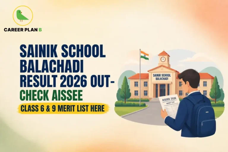 **ALT text:** Illustration of Sainik School Balachadi campus with Career Plan B logo and AISSEE Class 6 and 9 merit list.