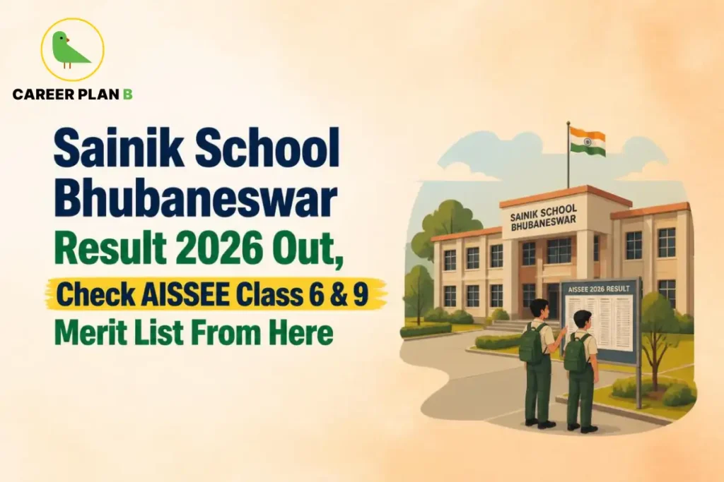 **ALT text:** Illustration of Sainik School Bhubaneswar campus with Career Plan B logo and AISSEE Class 6 and 9 merit list.