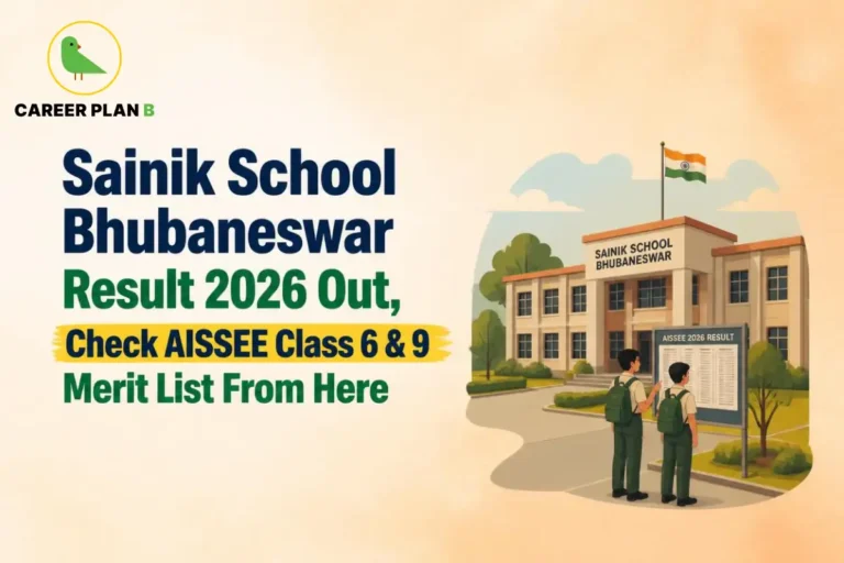 **ALT text:** Illustration of Sainik School Bhubaneswar campus with Career Plan B logo and AISSEE Class 6 and 9 merit list.