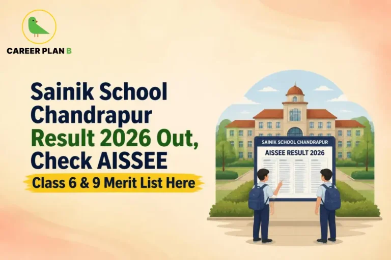**ALT text:** Illustration of Sainik School Purulia campus with Career Plan B logo and AISSEE Class 6 and 9 merit list.