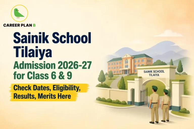 Illustration of Sainik School Tilaiya campus with Career Plan B logo and Class 6 and 9 admission banner.