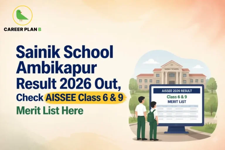 Illustration of Sainik School Ambikapur campus with Career Plan B logo and AISSEE Class 6 and 9 merit list.