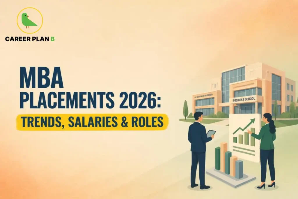 MBA placements 2026 graphic showing trends, salaries, and roles, featuring Career Plan B branding.