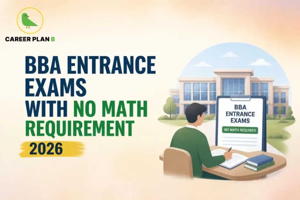 BBA entrance exams without mathematics requirement in 2026, featuring Career Plan B branding.