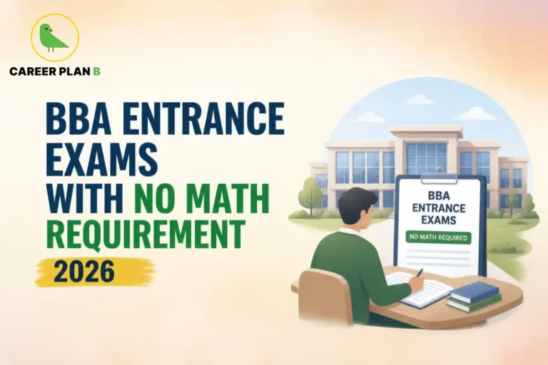 BBA entrance exams without mathematics requirement in 2026, featuring Career Plan B branding.