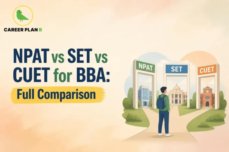 NPAT, SET and CUET comparison graphic for BBA admissions, featuring Career Plan B branding.
