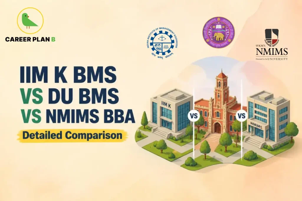 IIM Kozhikode BMS vs DU BMS vs NMIMS BBA comparison graphic featuring Career Plan B branding.