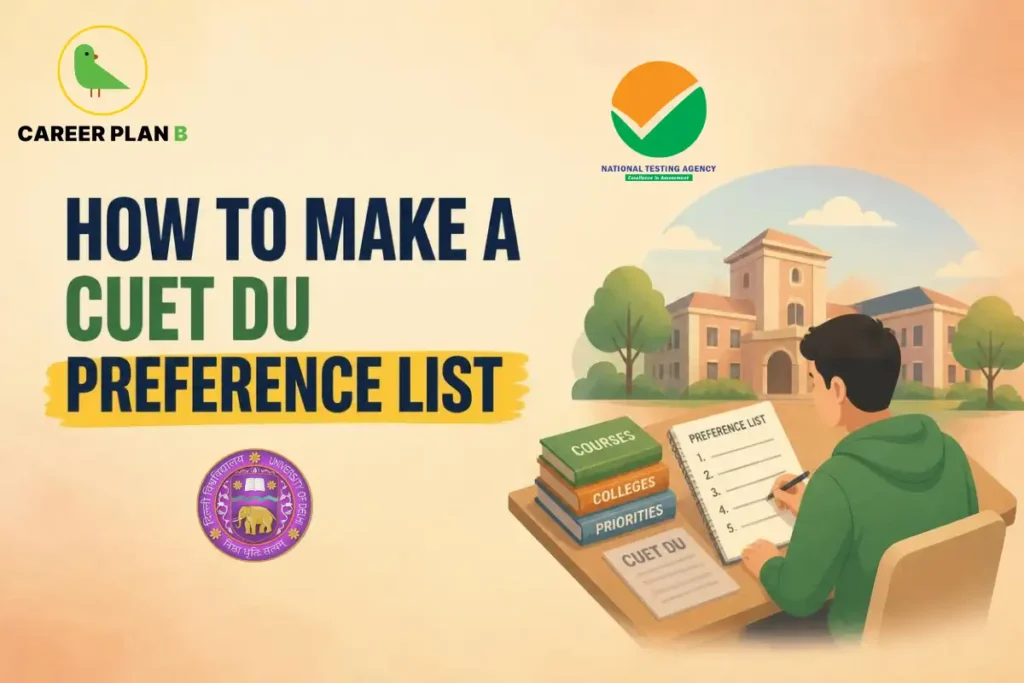 CUET DU preference list graphic featuring a student, university building, and National Testing Agency and University of Delhi logos.