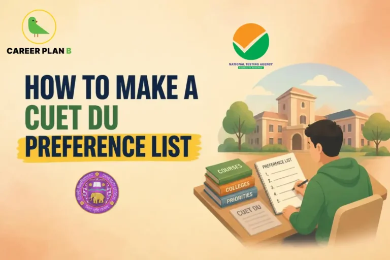 CUET DU preference list graphic featuring a student, university building, and National Testing Agency and University of Delhi logos.
