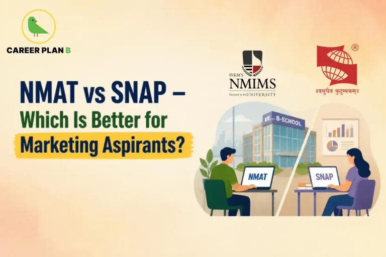 NMAT vs SNAP marketing comparison graphic with Career Plan B, NMIMS, and Indian Institute of Foreign Trade logos.