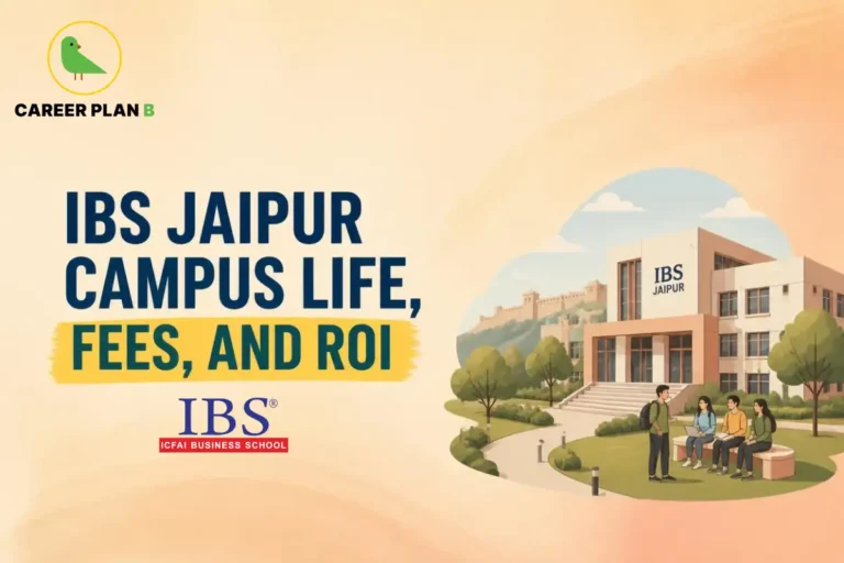 IBS Jaipur campus illustration showing students, fees and ROI, with Career Plan B and ICFAI Business School logos.