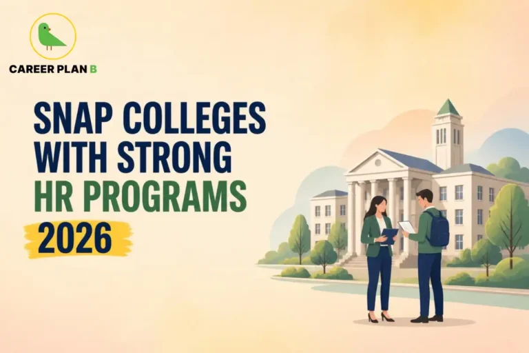 SNAP colleges with strong HR programs in 2026, featuring students and a campus illustration from Career Plan B.