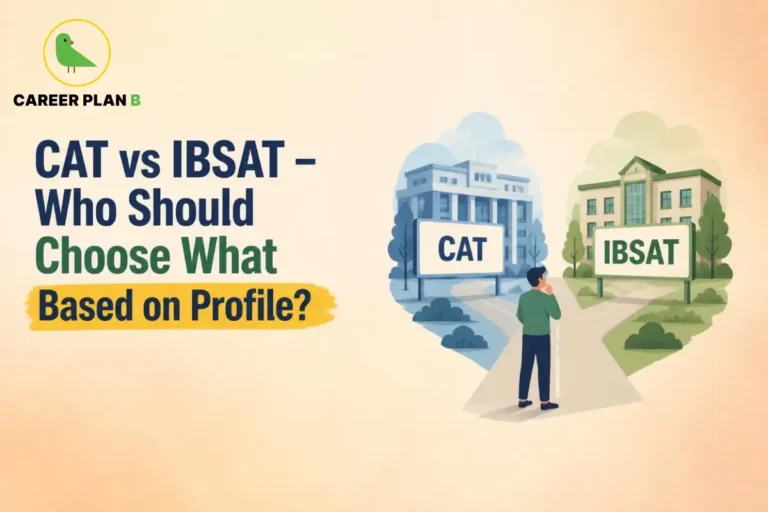 CAT vs IBSAT comparison graphic showing two campus pathways and a student choosing between the exams.