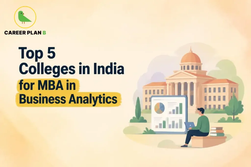 Top 5 colleges in India for an MBA in Business Analytics, featuring a student and campus illustration.