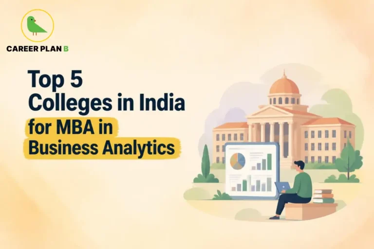 Top 5 colleges in India for an MBA in Business Analytics, featuring a student and campus illustration.
