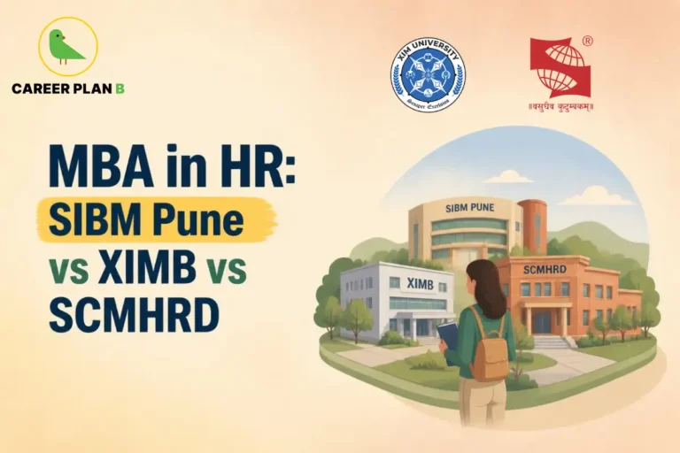 MBA in HR comparison graphic featuring SIBM Pune, XIMB, and SCMHRD campuses with Career Plan B branding.
