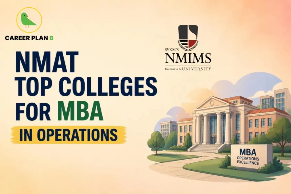 NMAT top colleges for MBA in operations, featuring the NMIMS logo and an illustrated campus.