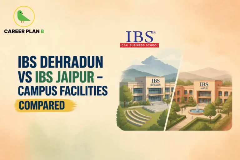 IBS Dehradun and IBS Jaipur campus facilities compared, featuring the ICFAI Business School logo.
